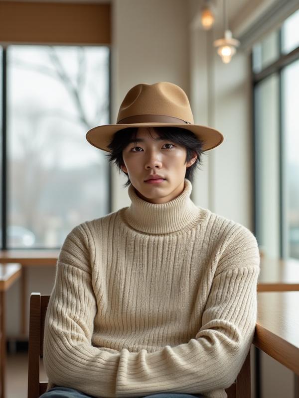 Model wearing a minimalist fedora in a Seoul cafe setting